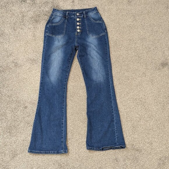 Blue Denim High Rise Button-Fly Flare Leg Jeans; Girl's Size M - Picture 1 of 4